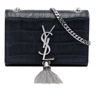 Saint Laurent Small Croc Embossed Leather Monogram Kate Tassel Crossbody