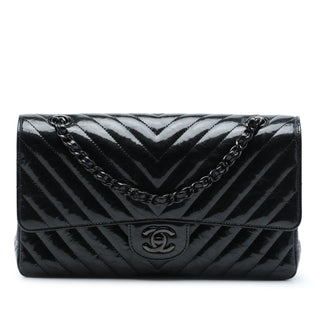 Chanel Medium Classic Chevron Patent So Black Double Flap