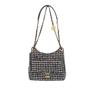 Chanel Medium Quilted Tweed Houndstooth Wavy CC Hobo