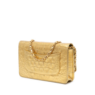 Chanel CC Metallic Calfskin Crocodile Embossed Wallet On Chain