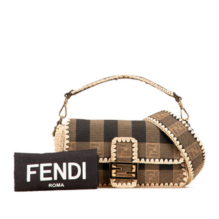Fendi Pequin Gingham Canvas And Raffia Baguette Satchel
