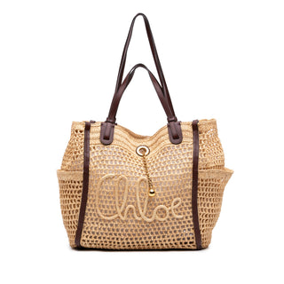 Chloé Small Raffia Embroidered Logo Iconic Tote