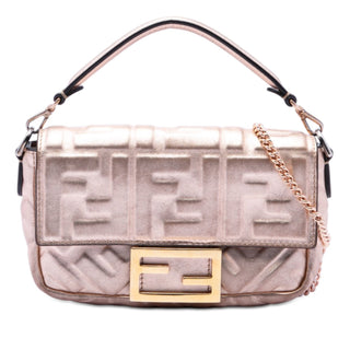 Fendi Mini Zucca Embossed Metallic Leather Baguette Satchel