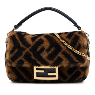 Fendi Mini Zucca Shearling Chain Baguette Satchel