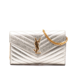 Saint Laurent Metallic Crackled Chevron Calfskin Monogram Envelope Chain Wallet