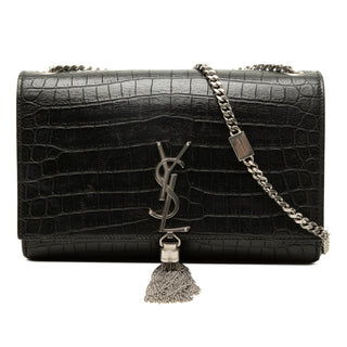 Saint Laurent Medium Croc Embossed Leather Monogram Kate Tassel Crossbody