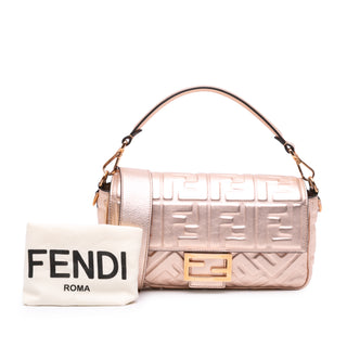 Fendi Zucca Embossed Metallic Leather Baguette Satchel