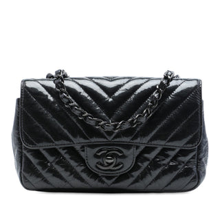 Chanel Mini Rectangular Classic Chevron Crumpled Patent So Black Single Flap