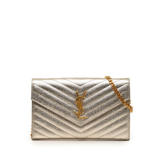 Saint Laurent Metallic Grain De Poudre Matelasse Chevron Monogram Chain Wallet