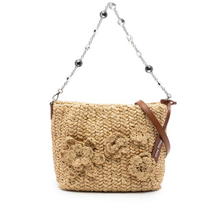Miu Miu Raffia Floral Applique Crystal Chain Satchel