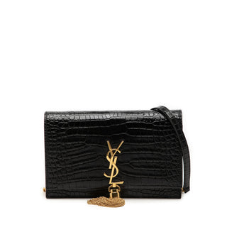 Saint Laurent Small Croc Embossed Leather Monogram Kate Tassel Crossbody