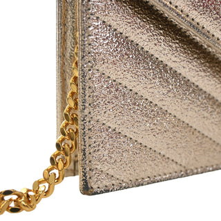 Saint Laurent Metallic Crackled Chevron Calfskin Monogram Envelope Chain Wallet