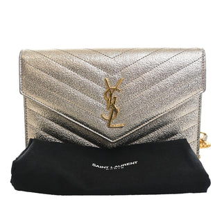 Saint Laurent Metallic Crackled Chevron Calfskin Monogram Envelope Chain Wallet