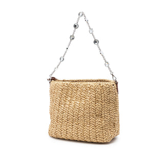 Miu Miu Raffia Floral Applique Crystal Chain Satchel