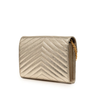 Saint Laurent Metallic Grain De Poudre Matelasse Chevron Monogram Chain Wallet