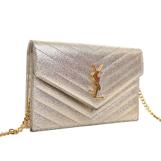 Saint Laurent Metallic Crackled Chevron Calfskin Monogram Envelope Chain Wallet