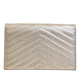 Saint Laurent Metallic Crackled Chevron Calfskin Monogram Envelope Chain Wallet