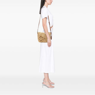 Miu Miu Raffia Floral Applique Crystal Chain Satchel