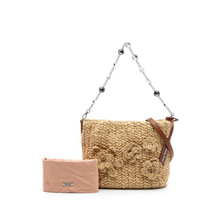 Miu Miu Raffia Floral Applique Crystal Chain Satchel